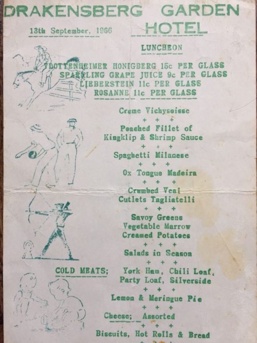 Drakensberg Garden Hotel menu 1966